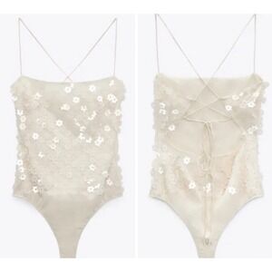 Zara Womens Bloggers Favorite Floral Applique Sequin Bodysuit Lace Up Back XL‎